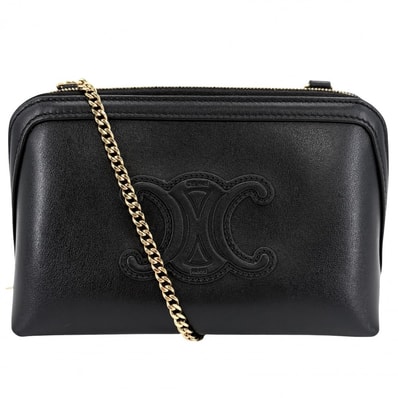 CELINE セリーヌ ショルダーバッグ ポシェット キュイルトリオンフ 斜め掛け レザー ブラック 黒 ゴールド金具 レディース【中古品】