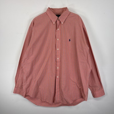 古着 ラルフローレン RALPH LAUREN 長袖シャツ ボタンダウンシャツ ワンポイント ロゴ 刺繍 XL オレンジ系 チェック メンズ