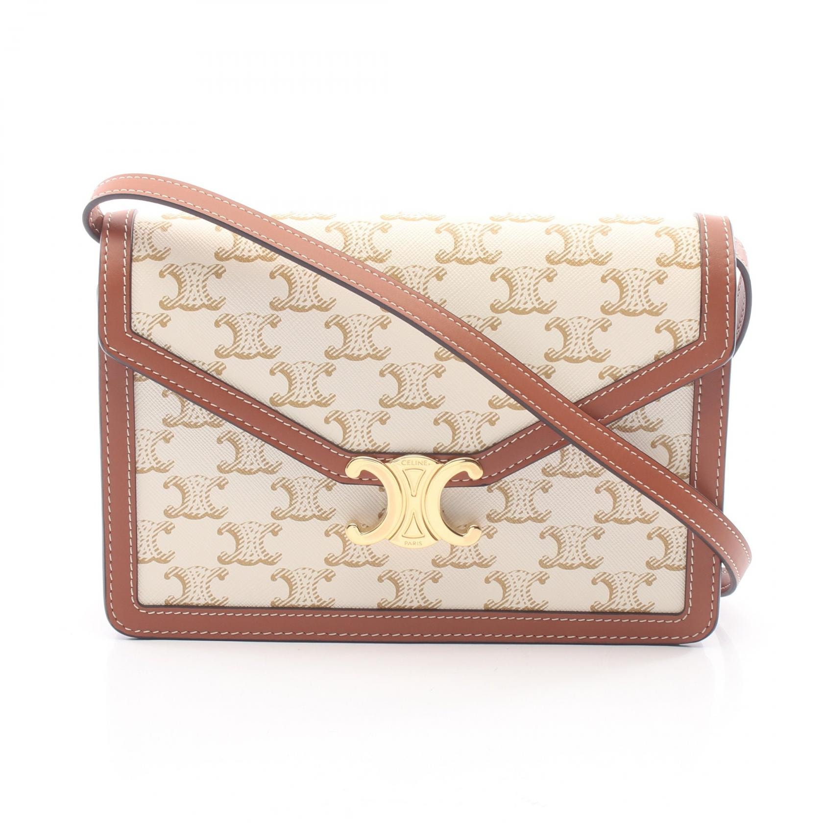 セリーヌ CELINE トリオンフ ショルダーバッグ バッグ PVCコーティングキャンバス レザー レディース ホワイト系 / ブラウン系 【中古】