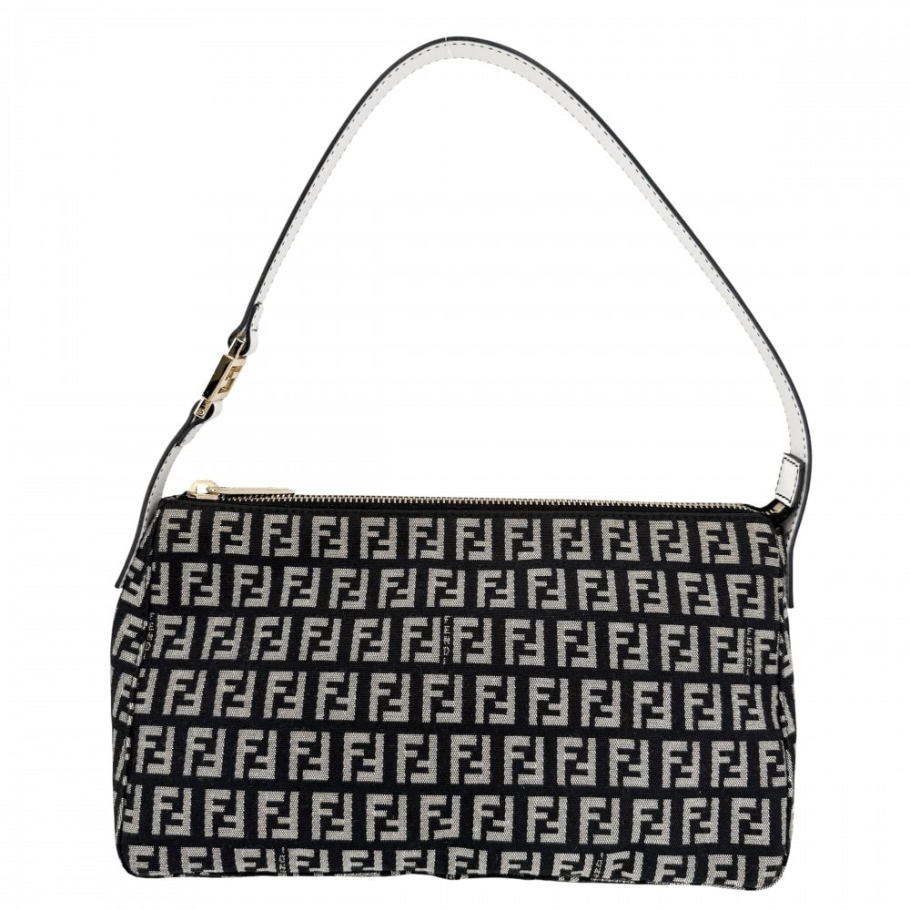 FENDI フェンディ ハンドバッグ ズッキーノ ワンハンドバッグ 肩掛け キャンバス  レザー   ブラック 黒 ホワイト 白 ゴールド金具 レディース【中古品】