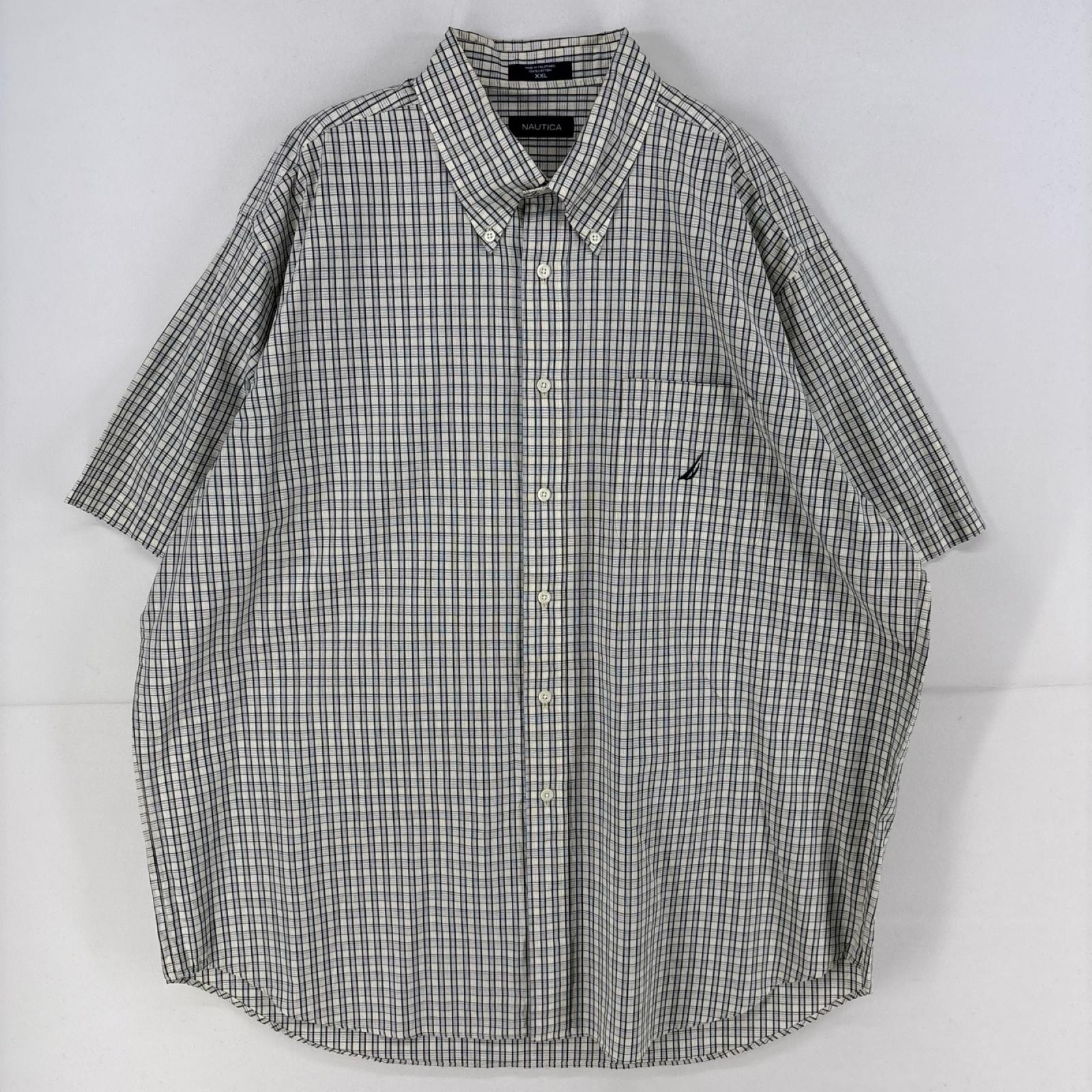 古着 ノーティカ NAUTICA 半袖シャツ ワンポイント 刺繍 胸ポケット 大きいサイズ ビッグ 2XL ホワイト系 チェック メンズ
