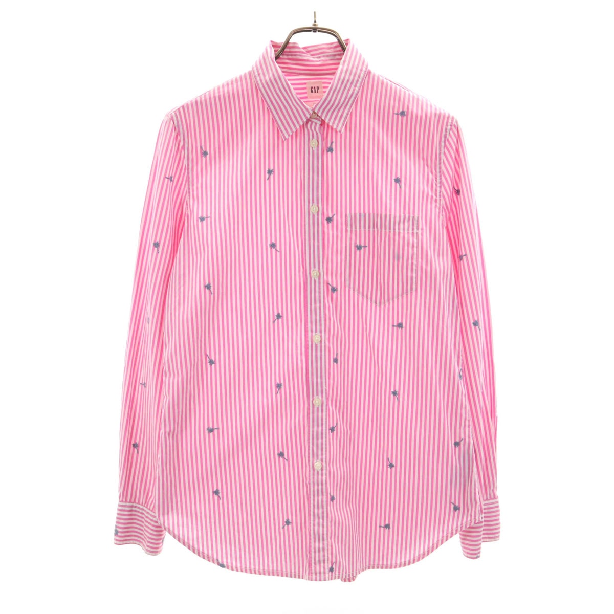 GAP ギャップ ストライプ柄 パームツリー刺繍 長袖 コットンシャツ S ピンク