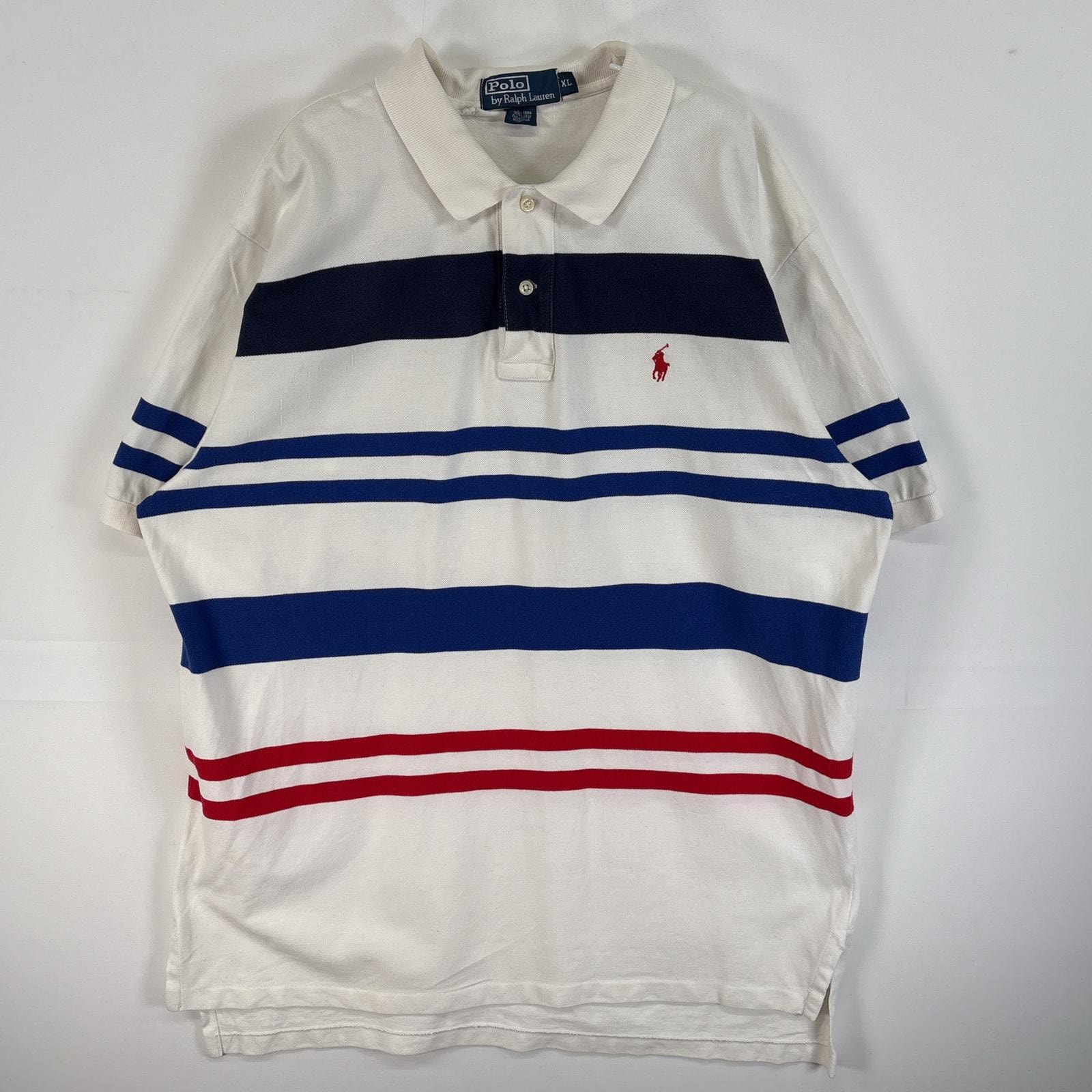 古着 90's/90年代 ポロバイラルフローレン Polo by Ralph Lauren 鹿の子 半袖 ポロシャツ ボーダー ロゴ 刺繍 大きいサイズ XL  ホワイト系 マルチカラー メンズ