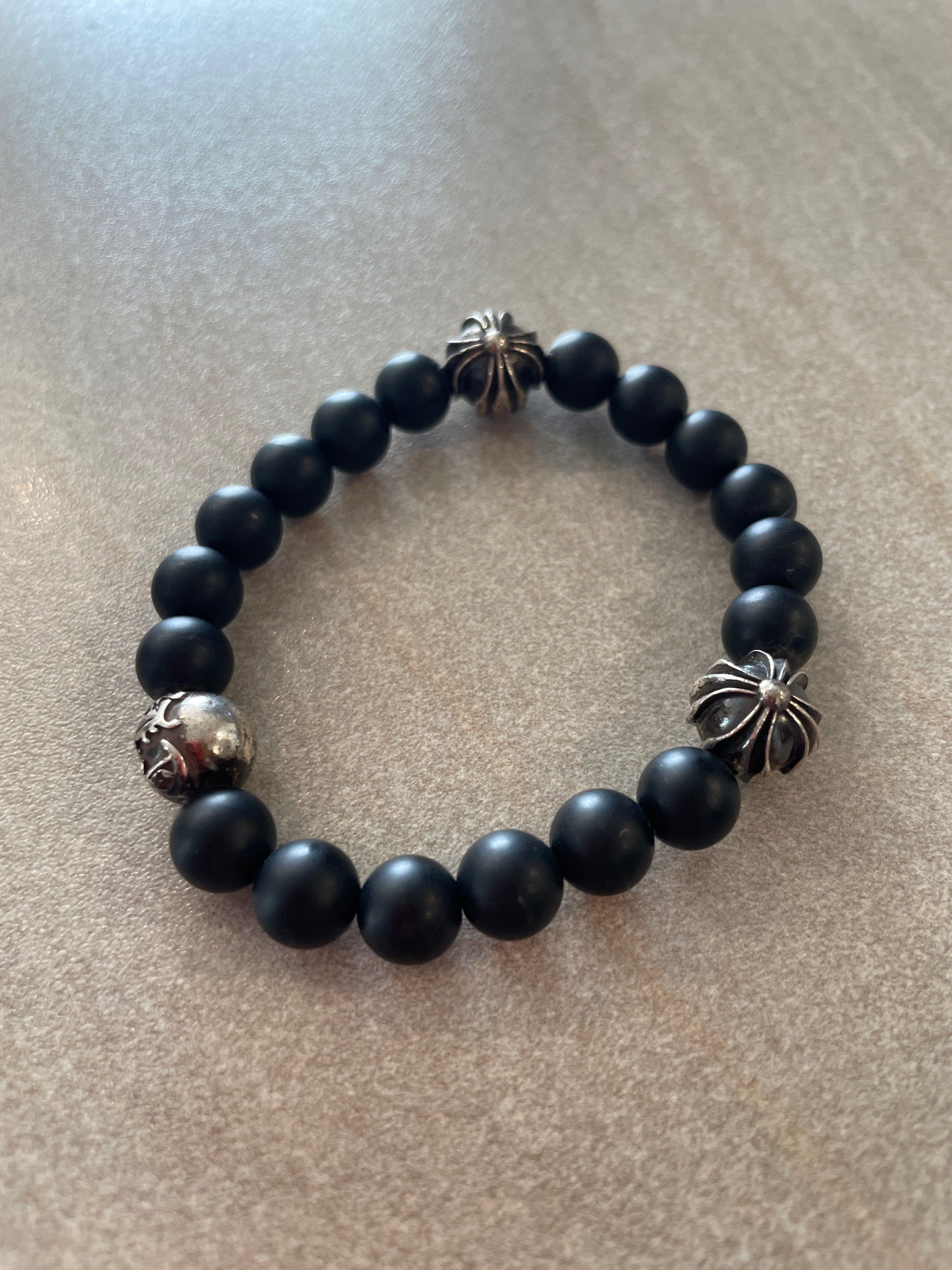 ビーズブレスレット 8mm マッドブラック オニキス + CH シルバーボール