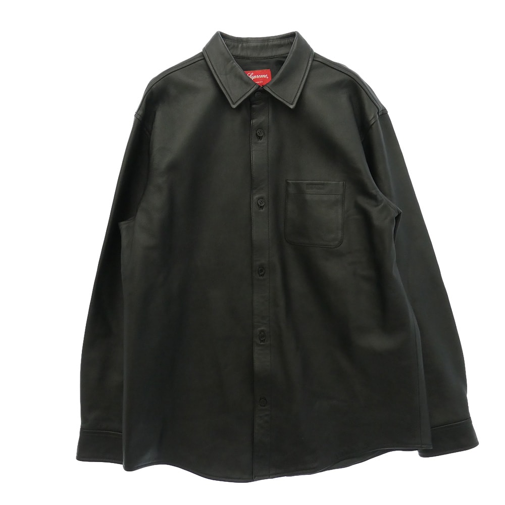 Supreme シュプリーム 21AW LEATHER SHIRT BOX LOGO ボックスロゴ 型押し レザー シャツ ブラック系 L【極上美品】【中古】