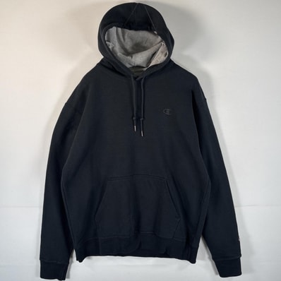 古着 チャンピオン Champion パーカー マフポケット ワンポイントロゴ刺繍 プルオーバー フーディ L ブラック メンズ