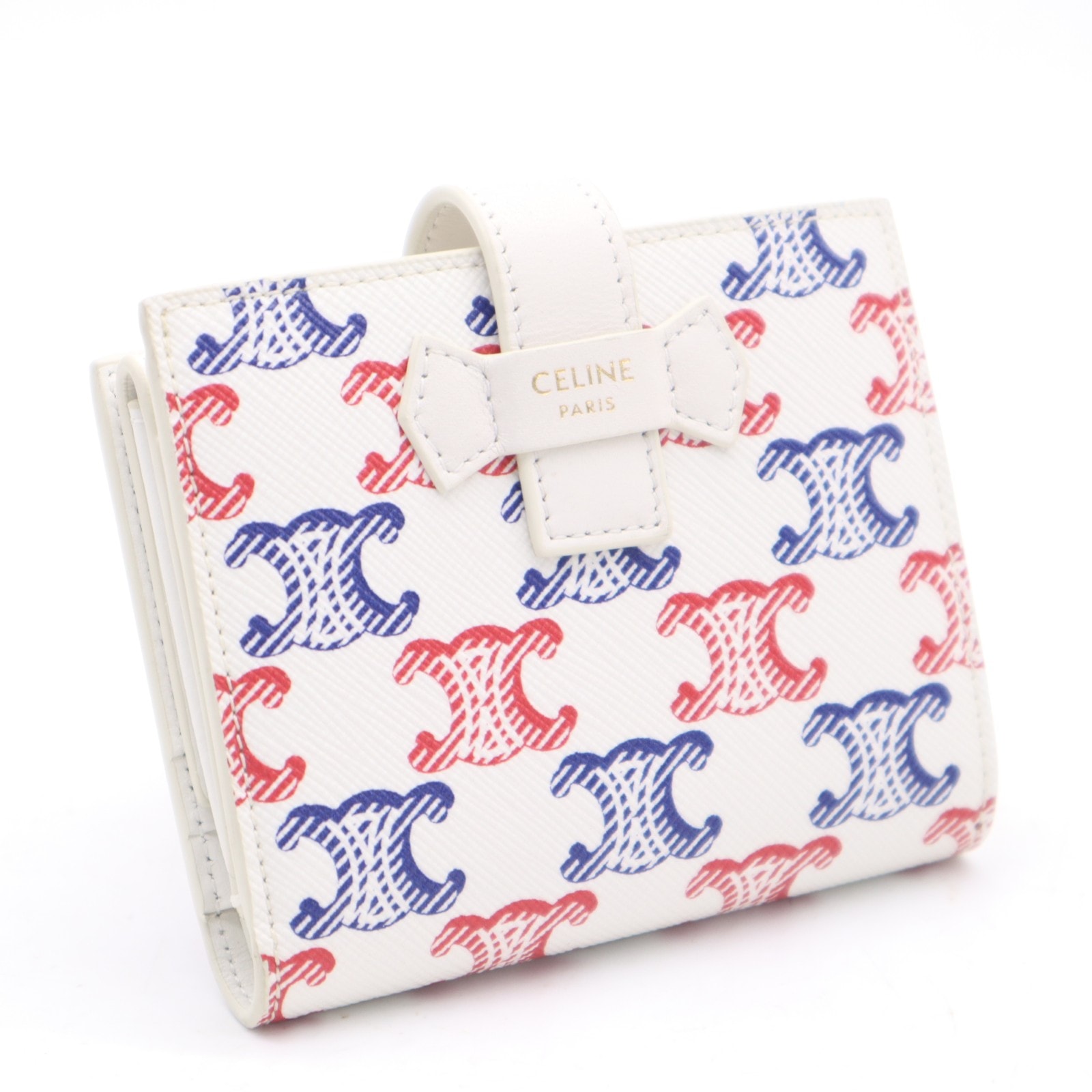 美品 CELINE セリーヌ トリオンフキャンバス トリオンフ ミディアム ストラップウォレット 10H262DB7 二つ折り財布 ホワイト ブルー レッド コーティングキャンバス ラムスキン レディース
