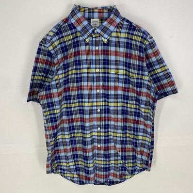 古着 ブルックスブラザーズ Brooks Brothers 半袖シャツ 胸ポケット ボタンダウン 1818 L ブルー系 チェック メンズ