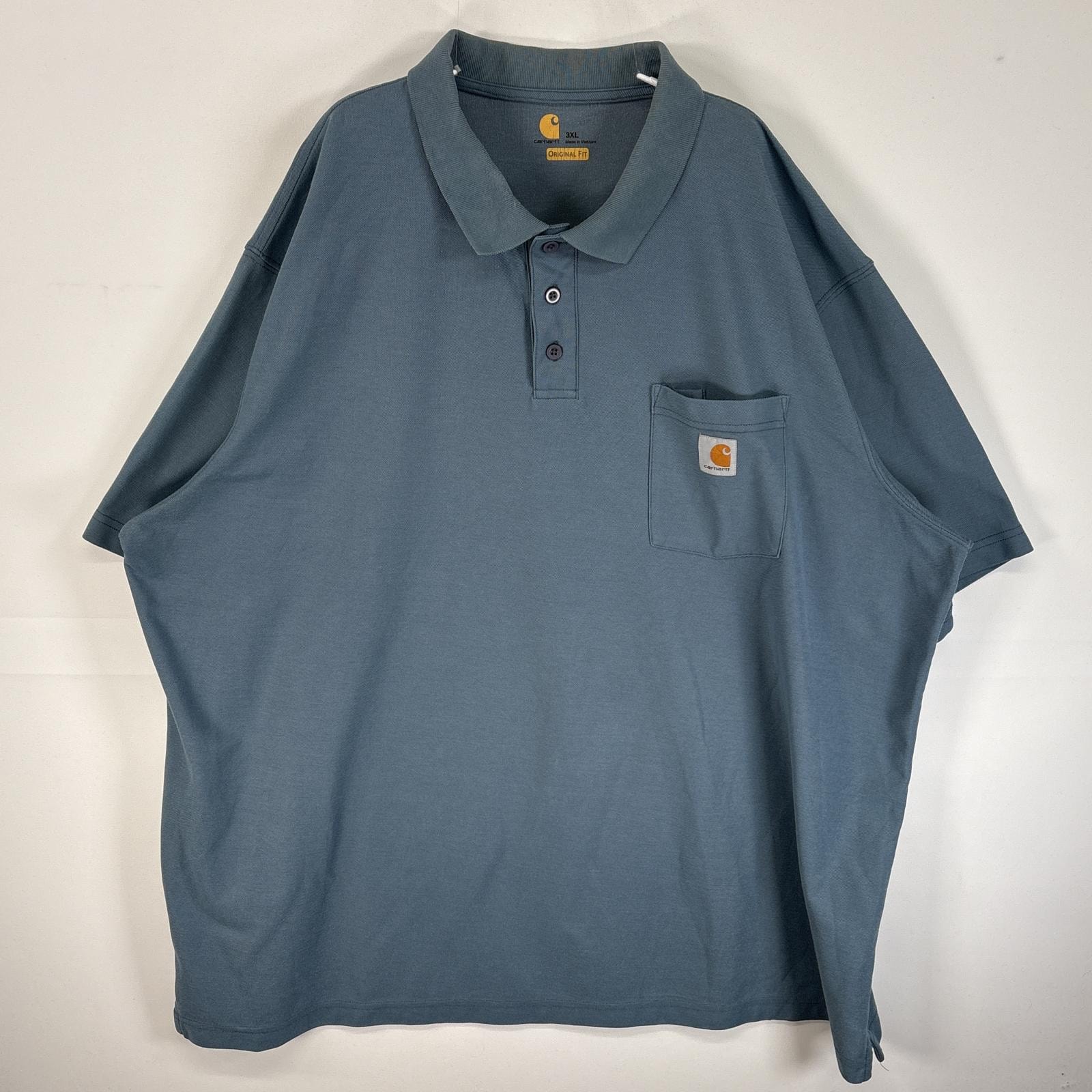 古着 カーハート Carhartt 半袖 ポロシャツ ワンポイント ロゴ 大きいサイズ 3ボタン 3XL  水色 無地 メンズ