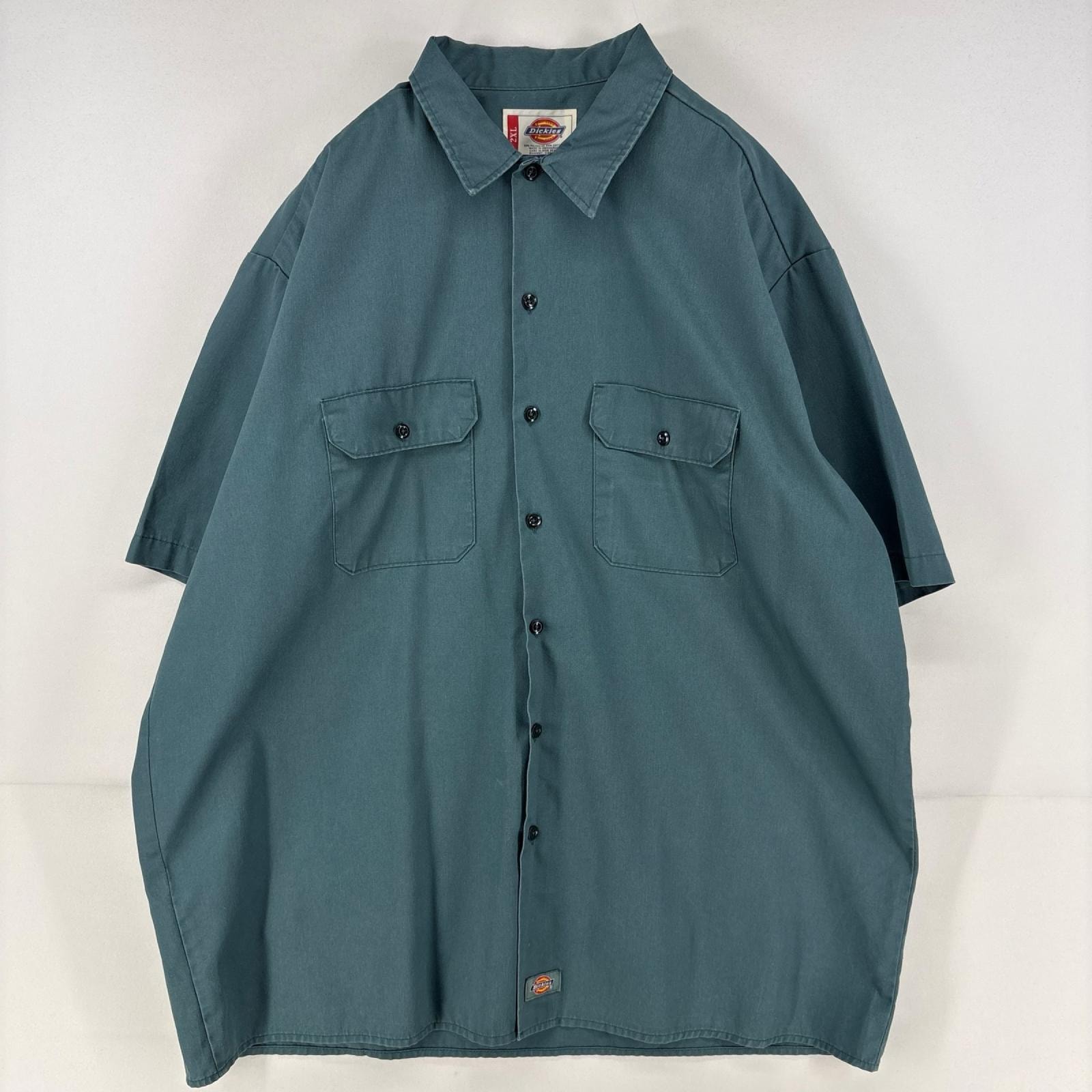 古着 ディッキーズ Dickies 半袖シャツ ワンポイント ワーク ロゴ 胸ポケット 大きいサイズ 2XL グリーン メンズ