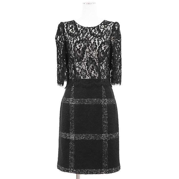 美品 ドルチェアンドガッバーナ レース/ブークレニット コンビネーション ウィンドペン ワンピース レディース ブラック 40 DOLCE&GABBANA