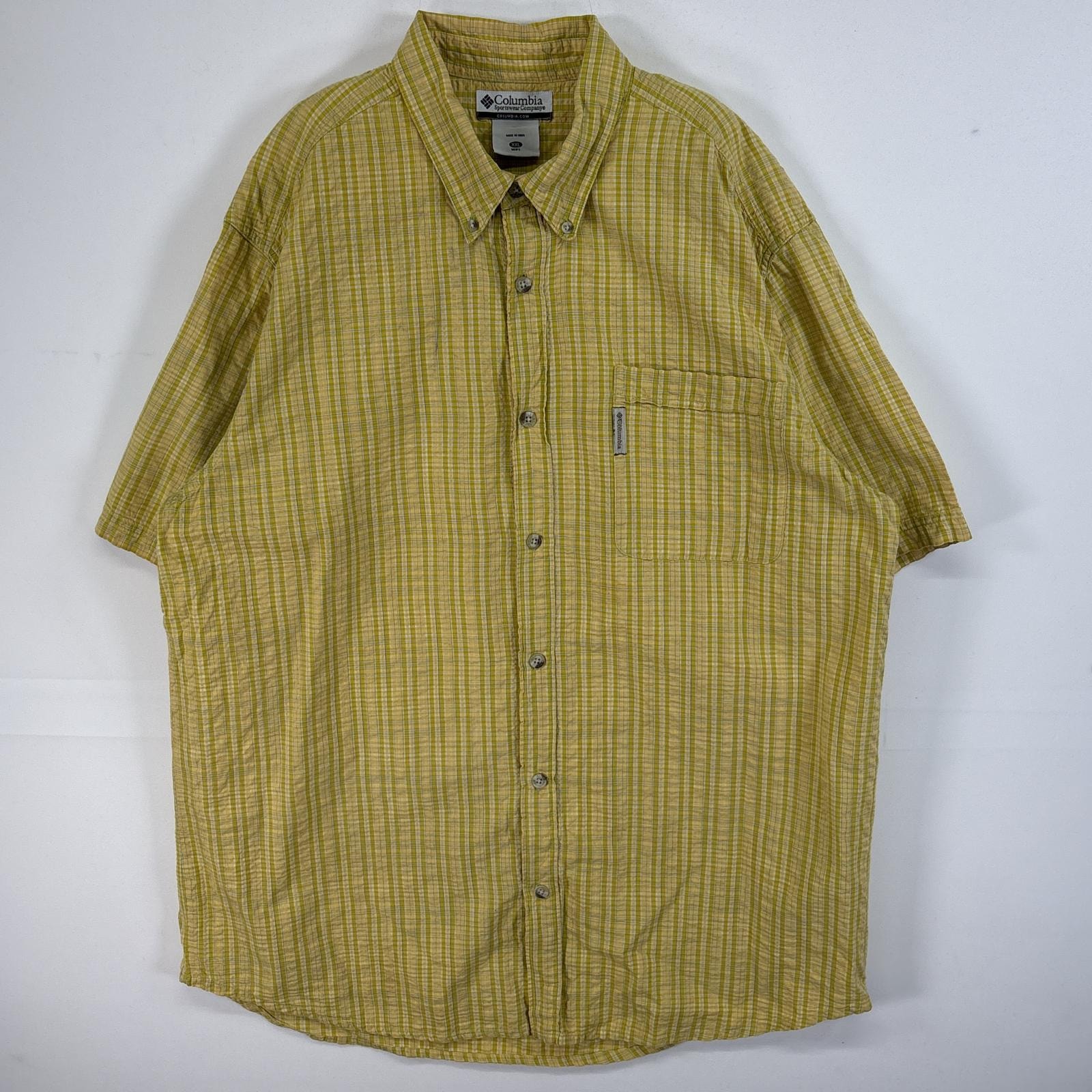 古着 コロンビア Columbia シアサッカー 半袖シャツ ワンポイント ロゴ チェック柄 大きいサイズ 14041  イエロー系 マルチカラー メンズ