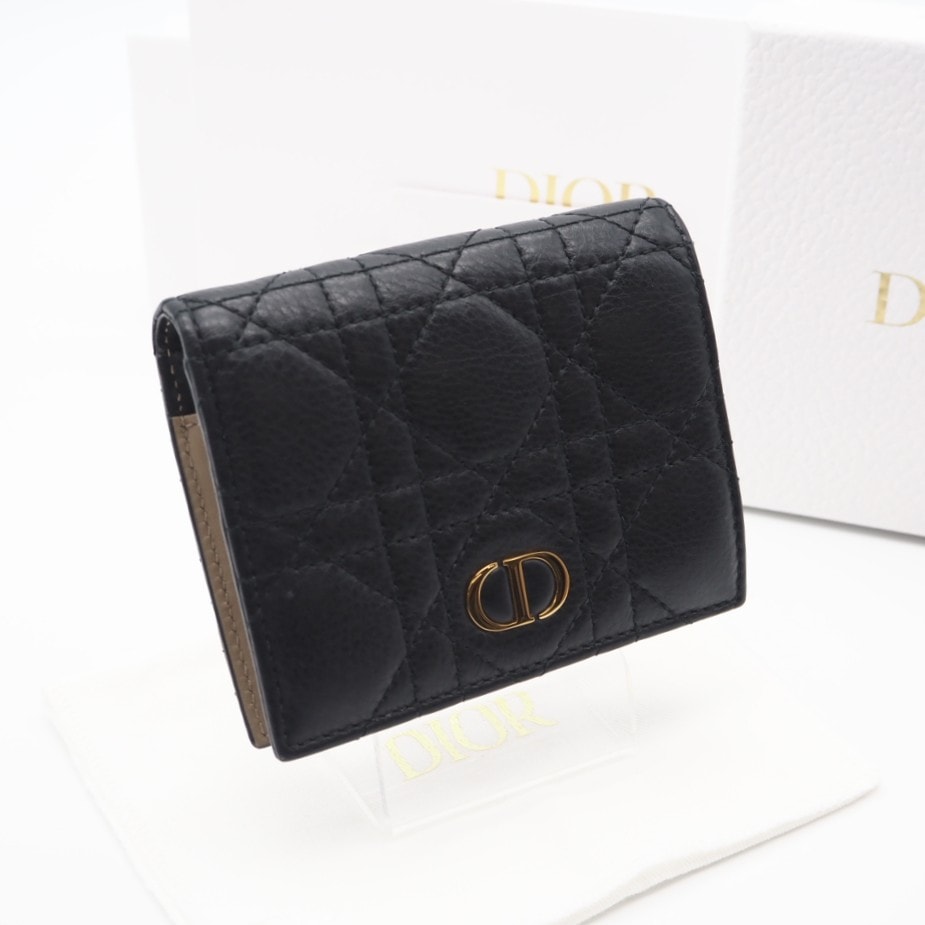 美品 Dior ディオール カナージュ カーフスキン Dior Caro Saffron ウォレット ミニ S5137URXU_M911 二つ折り財布 ブラック ベージュ レザー レディース