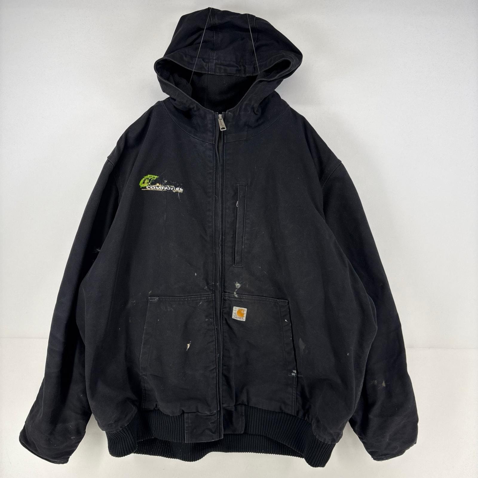 古着 カーハート Carhartt ダック ジャケット フルジップ 胸ポケット アクティブ 大きいサイズ ワンポイント ロゴ 3XL  ブラック メンズ