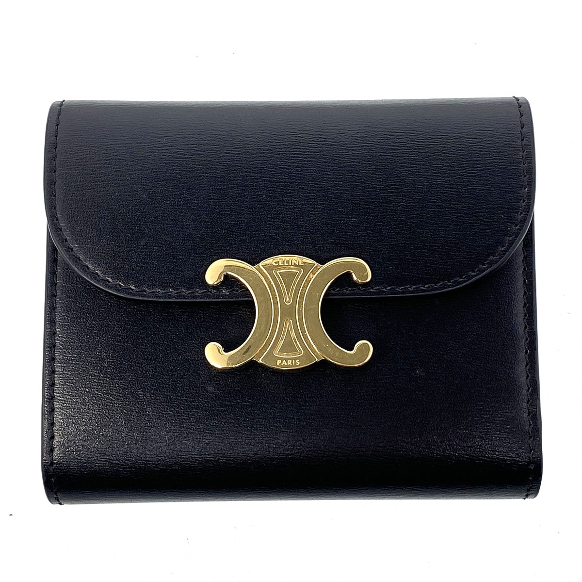 CELINE セリーヌ トリオンフ スモール フラップ ウォレット 二つ折り財布 10D783 レザー ブラック  レディース【中古】