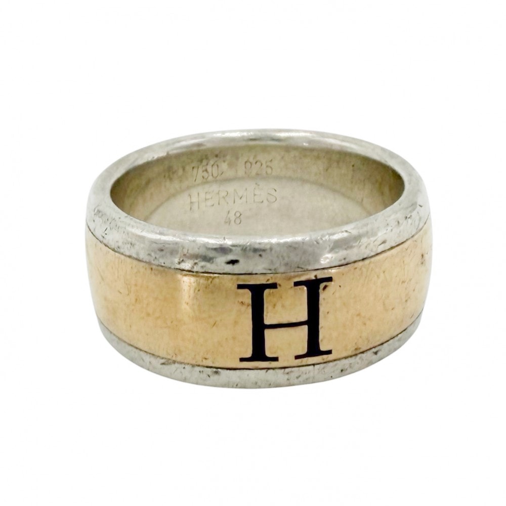 HERMES エルメス 指輪 Hロゴ リング アクセサリー ジュエリー Au750 18金YG 48サイズ コンビ K18イエローゴールド  シルバー925   約8号 レディース 約7.8g【中古品】