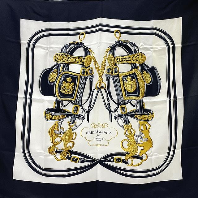 HERMES エルメス スカーフ カレ90 ブリッドドゥガラ 黒 (ブラック)/白 (ホワイト)/ゴールド シルク100% 新品未使用