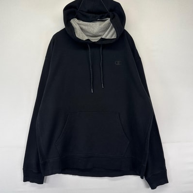 古着 チャンピオン Champion パーカー プルオーバー ワンポイントロゴ 刺繍 フーディー スウェット L ブラック系 メンズ
