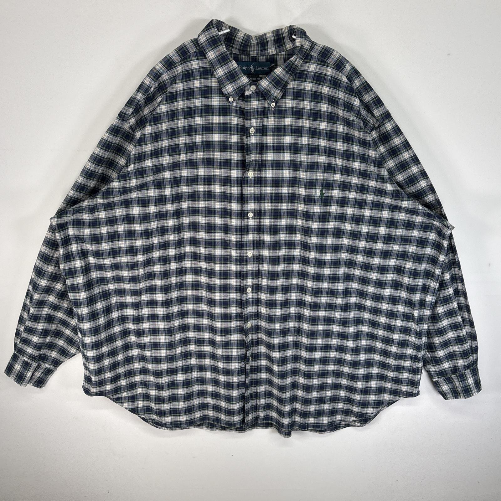 古着 ラルフローレン RALPH LAUREN 長袖シャツ チェック ロゴ 刺繍 大きいサイズ 肉厚 4XB BIG  ネイビー マルチカラー メンズ