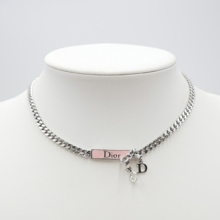 Christian Dior(クリスチャン ディオール)ロゴプレート チョーカーネックレス CDチャーム シルバー ピンク レディース 42cm【中古】