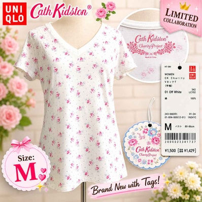 タグ付き新古品★限定品/UNIQLO +J × Cath Kidston/ユニクロ★コラボ/半袖トップス/Tシャツ【レディースM/白/white/花柄】Tops/Shirt◆BJ180-f