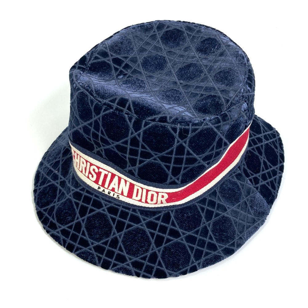 ディオール Dior カナージュ ロゴ ボブ 15CAN923X134 21AW ベロア 帽子 バケットハット ハット コットン ネイビー 美品