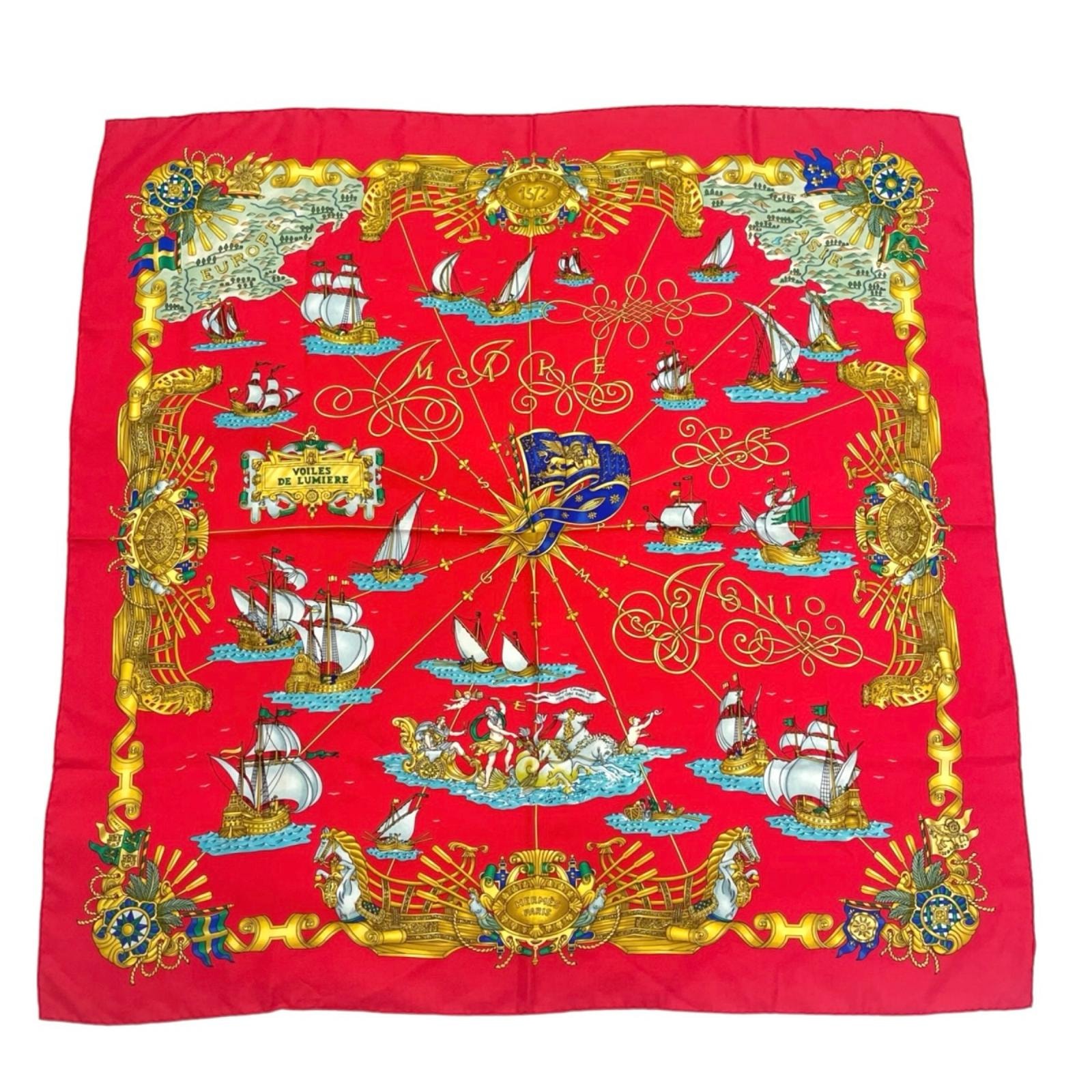 HERMES エルメス VOILES DE LUMIERE(光の帆船) レッド スカーフ シルク マルチカラー レディース カレ90【中古】