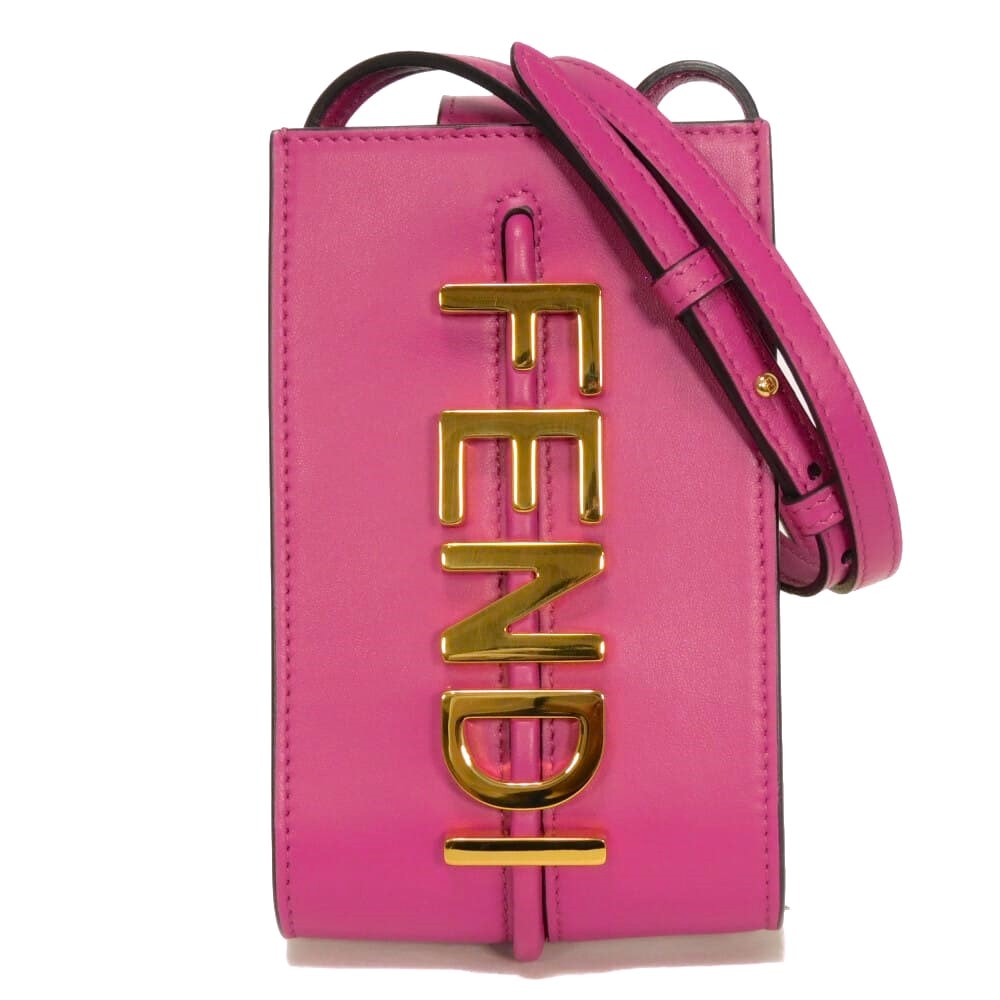 FENDI フェンディ グラフィ フォンポーチ スムース カーフ カードポケット クロスボディ ポシェット ピンク ゴールド 未使用 ロゴ メタル フューシャ ショルダーバッグ 7AS192 A5DY