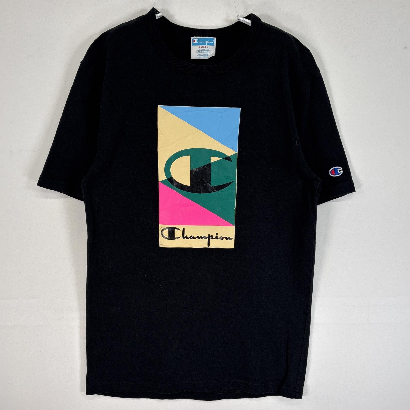 古着 チャンピオン Champion 半袖Tシャツ ラバープリント クルーネック 厚手 SMALL  ブラック メンズ