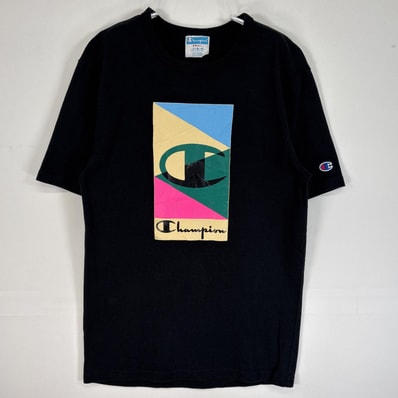 古着 チャンピオン Champion 半袖Tシャツ ラバープリント クルーネック 厚手 SMALL ブラック メンズ