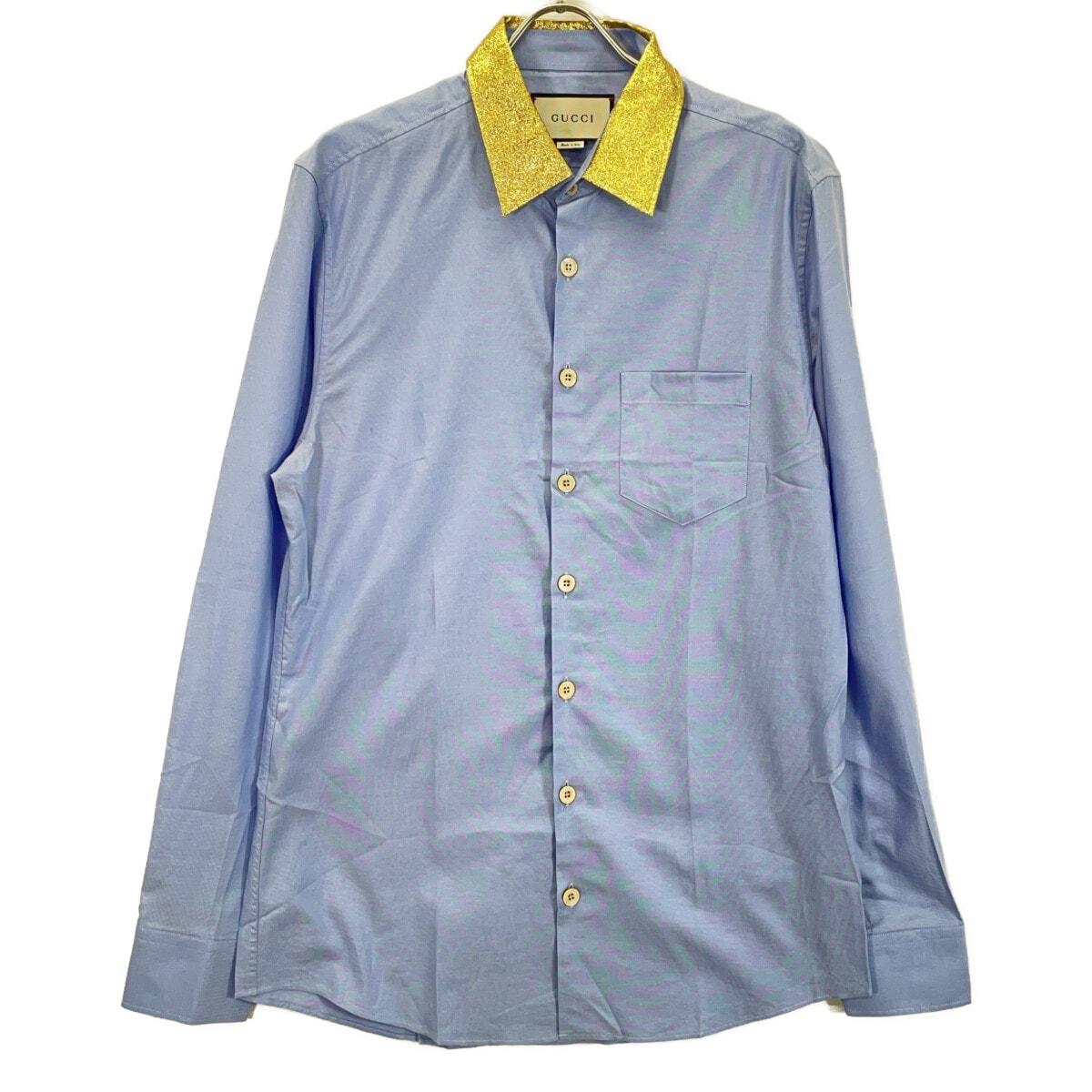 グッチ ゴールド×ブルー シャツ
