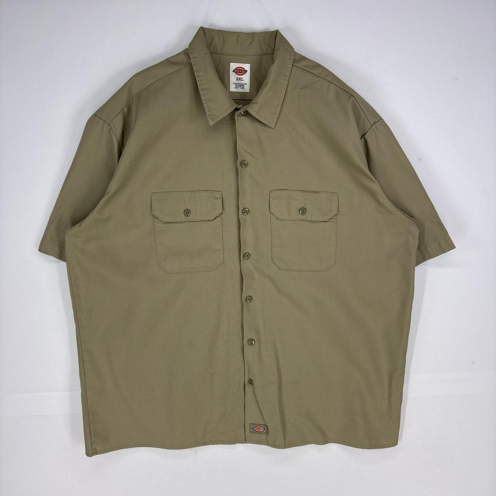 古着 ディッキーズ Dickies 半袖シャツ ワーク 大きいサイズ 胸ポケット ショートスリーブ 2XL  ベージュ系 メンズ