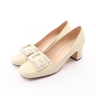 グッチ GUCCI Gロゴ ラインストーン パンプス 靴 レザー レディース アイボリー系 522697 【中古】