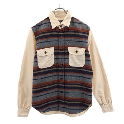 COMME des GARCONS HOMME コムデギャルソンオム 2013年 日本製 ウールブレンド ボーダー柄 長袖 シャツ S ベージュ×グレー×紺
