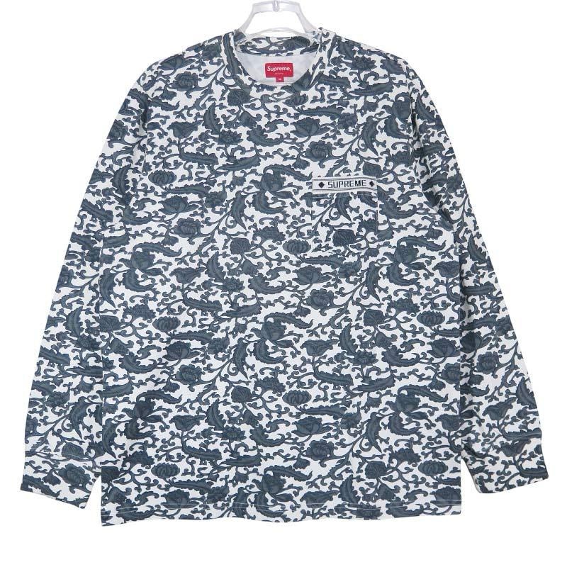 美品 SUPREME シュプリーム 19SS DAMASK L/S TOP ダマスク ロングスリーブ Tシャツ グレー ロンT 長袖 カットソー サイズM