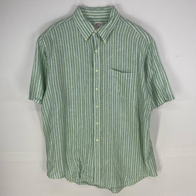 古着 ブルックスブラザーズ Brooks Brothers 半袖シャツ ボタンダウン 胸ポケット 346 L グリーン系 ストライプ メンズ