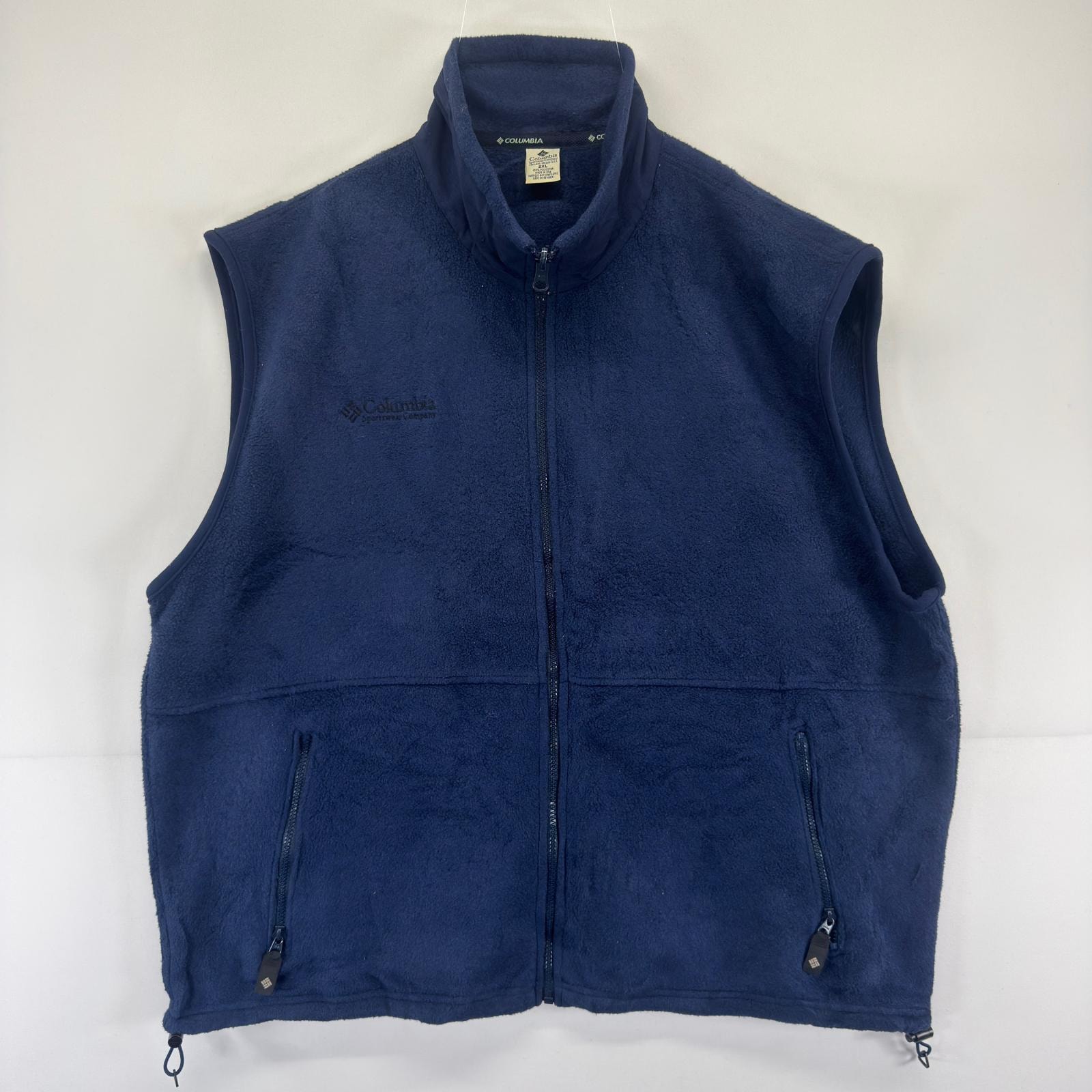 古着 コロンビア Columbia USA製 ベスト フルジップ ワンポイントロゴ刺繍 大きいサイズ 2XL  ネイビー メンズ