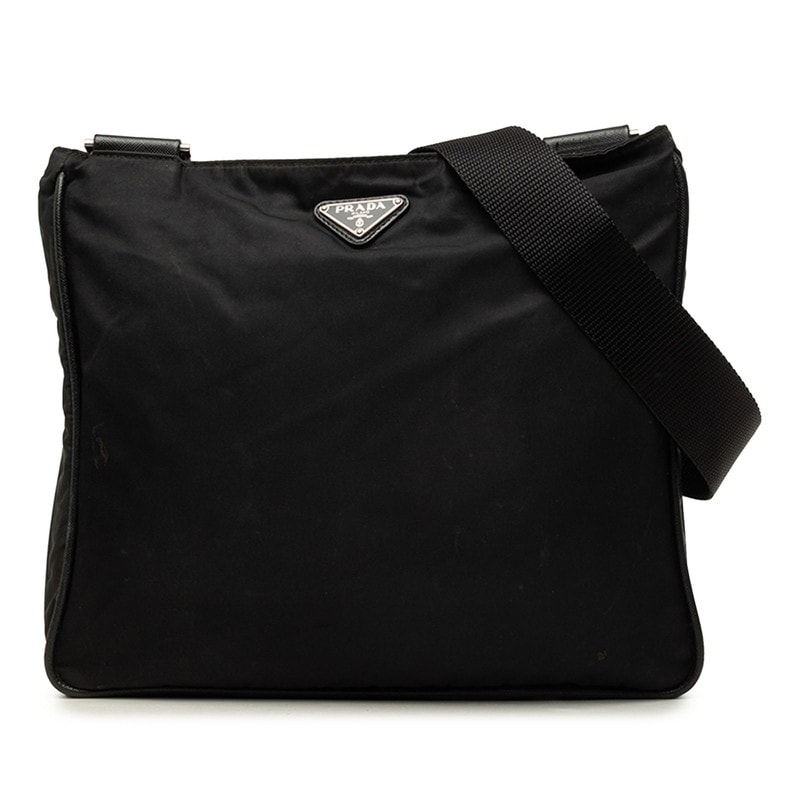 プラダ 三角ロゴプレート 斜め掛け ショルダーバッグ ブラック ナイロン レザー レディース PRADA 中古