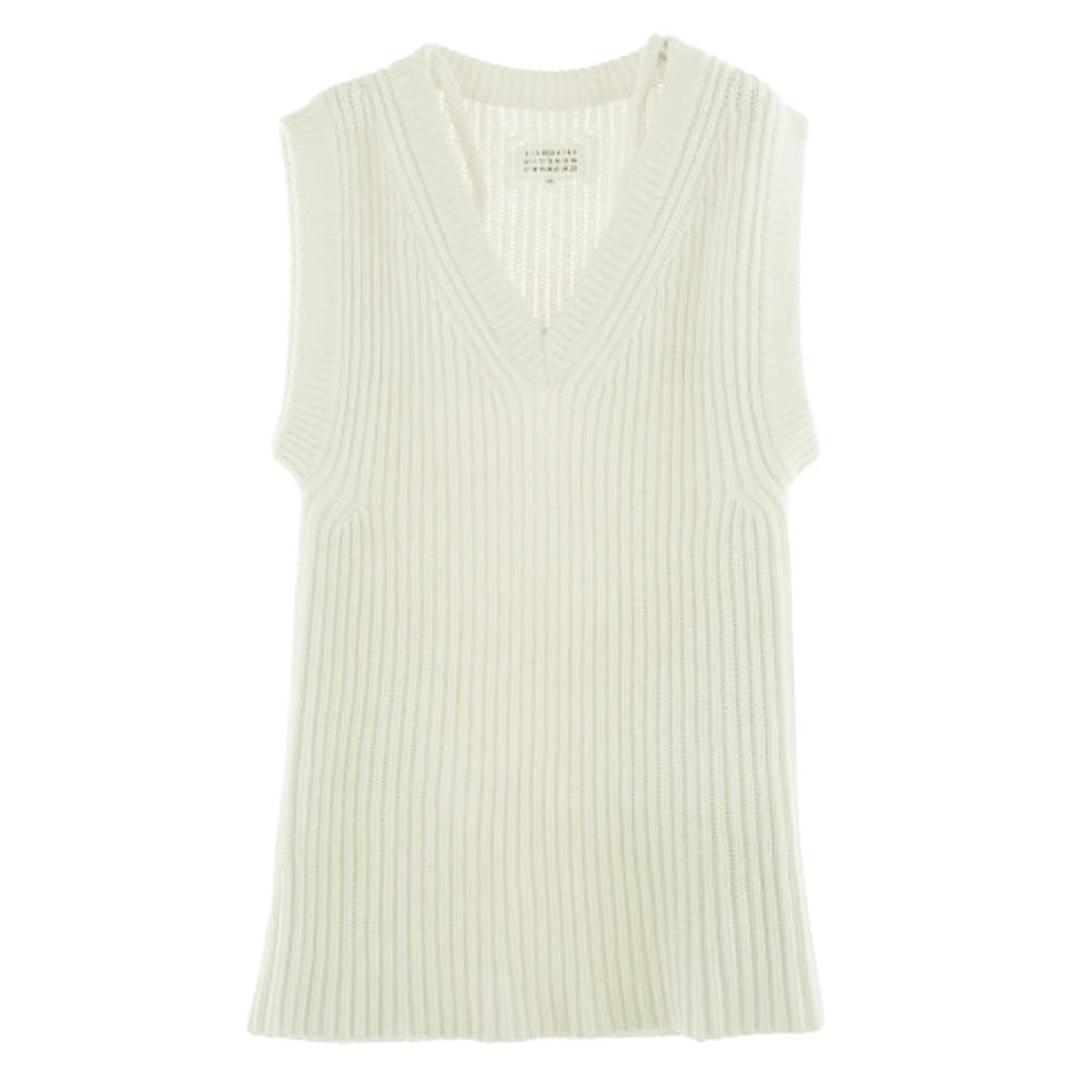 MAISON MARGIELA メゾンマルジェラ ニット 19SS S51GP0103 四つタグ 4ライン Vネック ノースリーブ ニット ワンピース ホワイト系 S【中古】