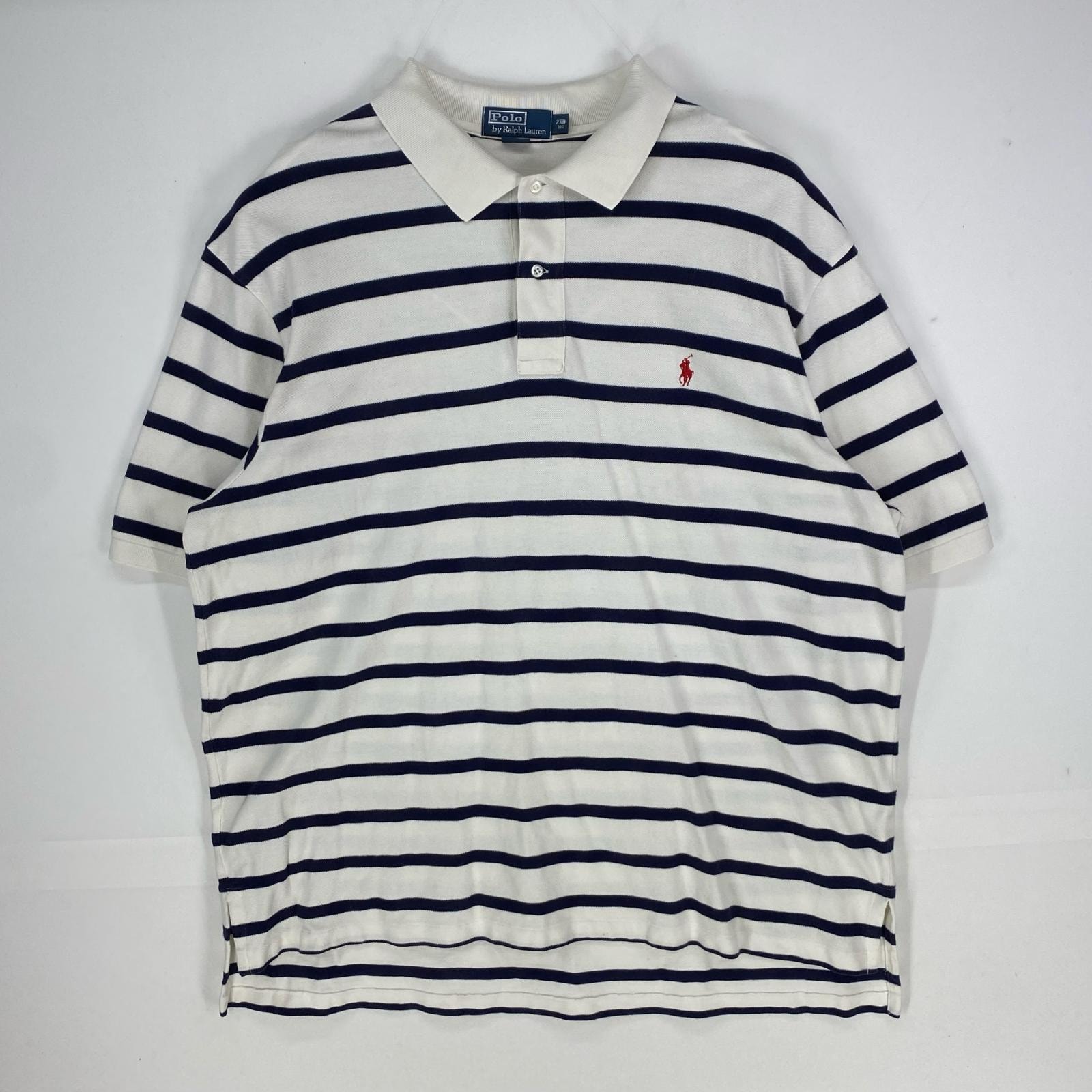 古着 ポロバイラルフローレン Polo by Ralph Lauren 半袖シャツ 刺繍ロゴ ポロシャツ ワンポイント 2XB ホワイト系 ボーダー メンズ