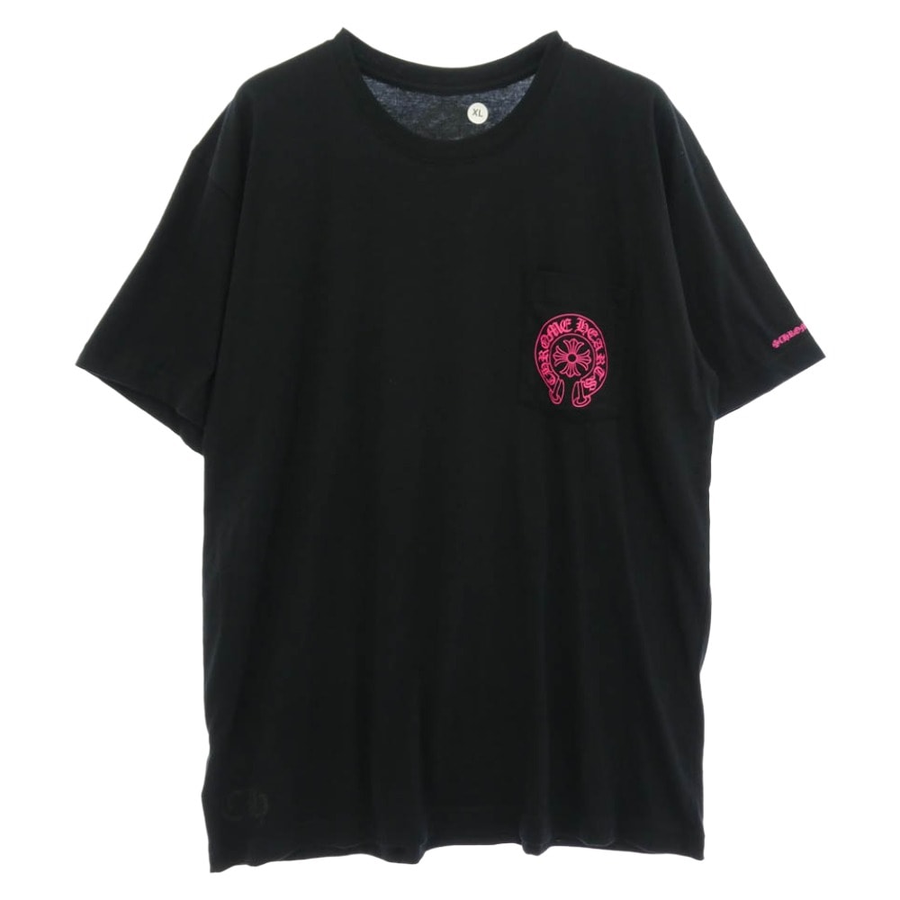 CHROME HEARTS クロムハーツ(原本無) PINK HORSESHOE S/S TEE ピンクホースシュープリント ポケット付き 半袖 Tシャツ クルーネック カットソー ブラック系 XL【中古】