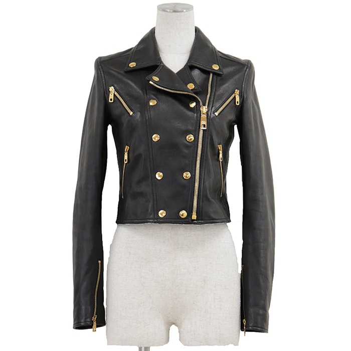 【美品】DOLCE&GABBANA ドルチェアンドガッバーナ ライダースジャケット サイズ 36 レディース ゴールドロゴボタン ローズ柄 アウター ブラック 黒 イタリア製 F9829L