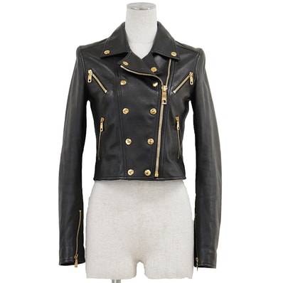 【美品】DOLCE&GABBANA ドルチェアンドガッバーナ ライダースジャケット サイズ 36 レディース ゴールドロゴボタン ローズ柄 アウター ブラック 黒 イタリア製 F9829L
