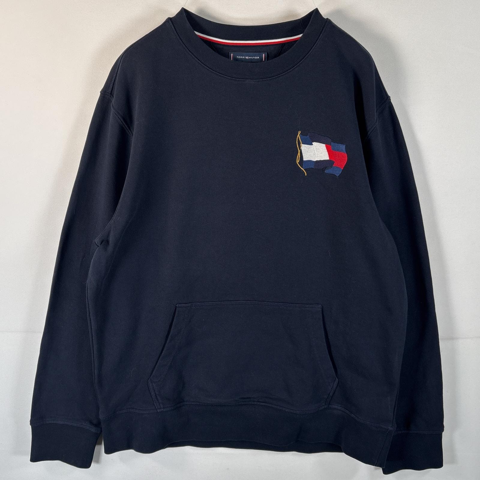 古着 トミーヒルフィガー TOMMY HILFIGER スウェット トレーナー フラッグロゴ刺繍 クルーネック 大きいサイズ マフポケット XL  ネイビー メンズ