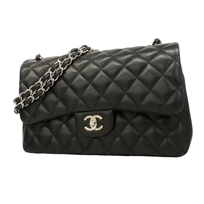 ★SALE【6hb1355】シャネル ショルダーバッグ デカマトラッセ Wフラップ Wチェーン ラムスキン ブラック シルバー金具【中古】レディース