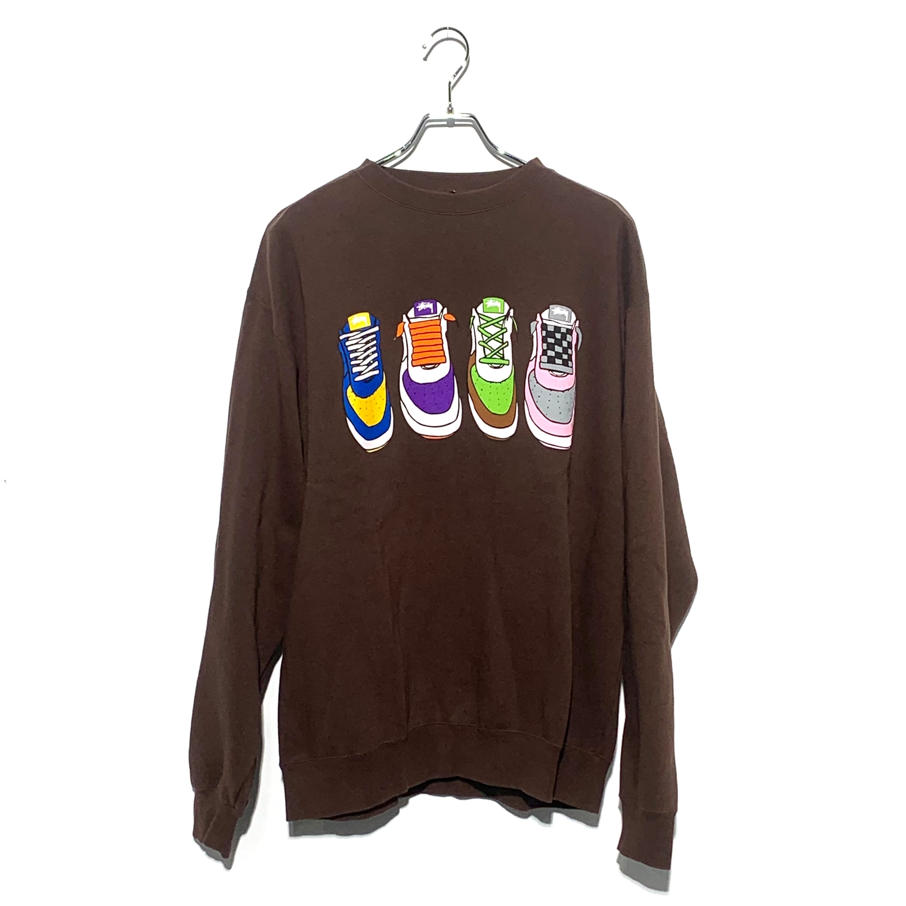 STUSSY old sneaker print sweat brown Made  In Usa