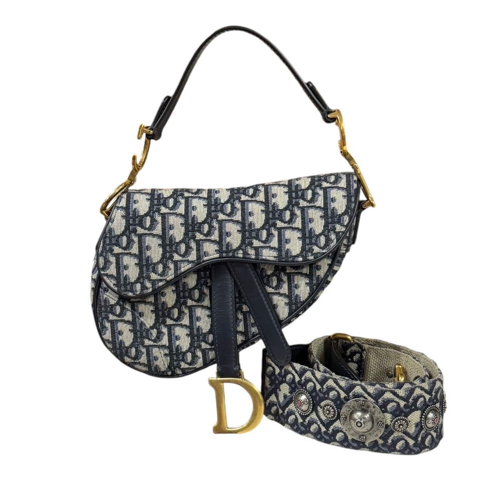 ディオール サドルバッグ ミニ オブリーク ショルダーバッグ キャンバス ネイビー レディース Dior  中古