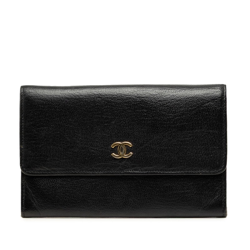 シャネル ココマーク 二つ折り財布 ブラック レザー レディース CHANEL 中古