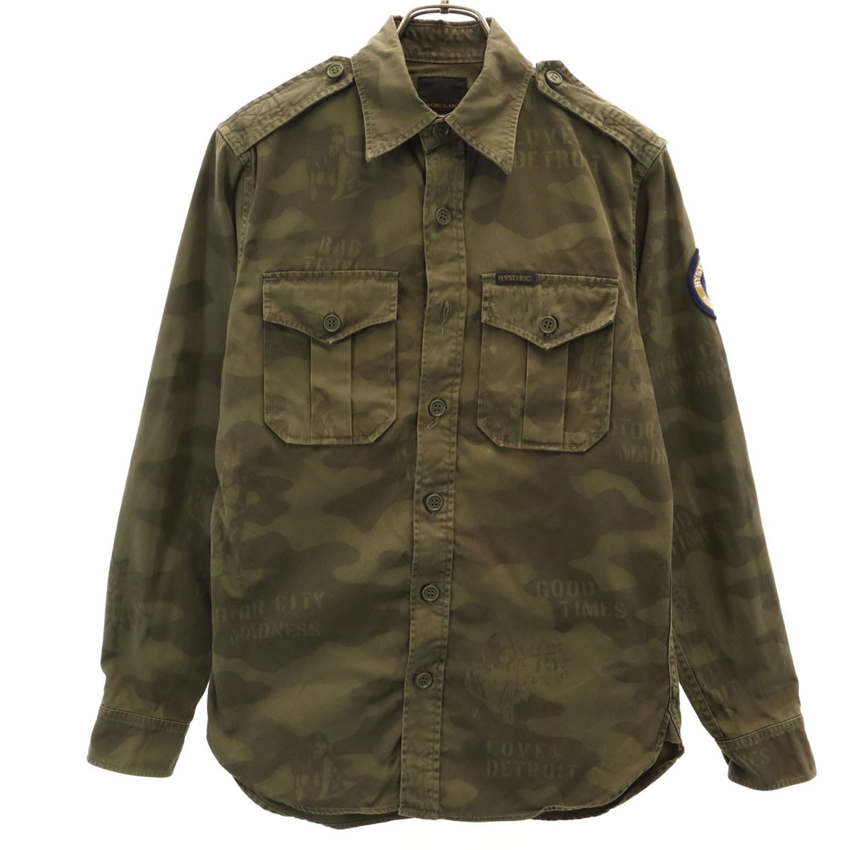 HYSTERIC GLAMOUR ヒステリックグラマー 日本製 カモフラ柄 長袖 ミリタリーシャツ S カーキ 迷彩