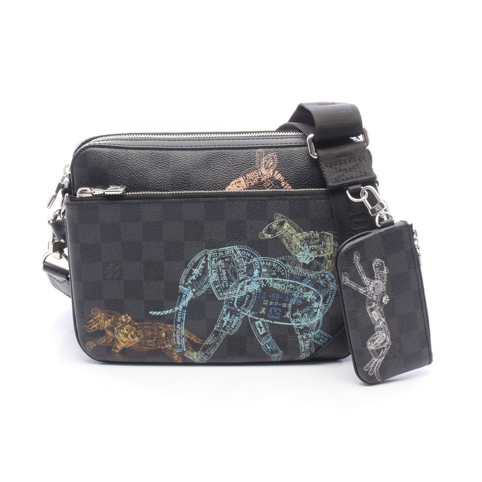 ルイ・ヴィトン LOUIS VUITTON トリオ メッセンジャー アニマルプリント ショルダーバッグ バッグ PVCコーティングキャンバス レザー ダミエ・グラフィット レディース ブラック系 N58040 【中古】